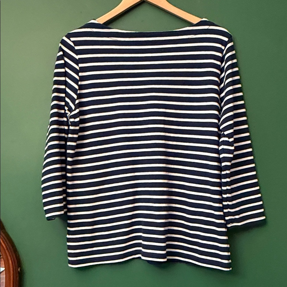 Lands' End Navy & White Striped Boatneck 3/4 Sleeve Nautical Knit Top Coastal - Picture 9 of 9